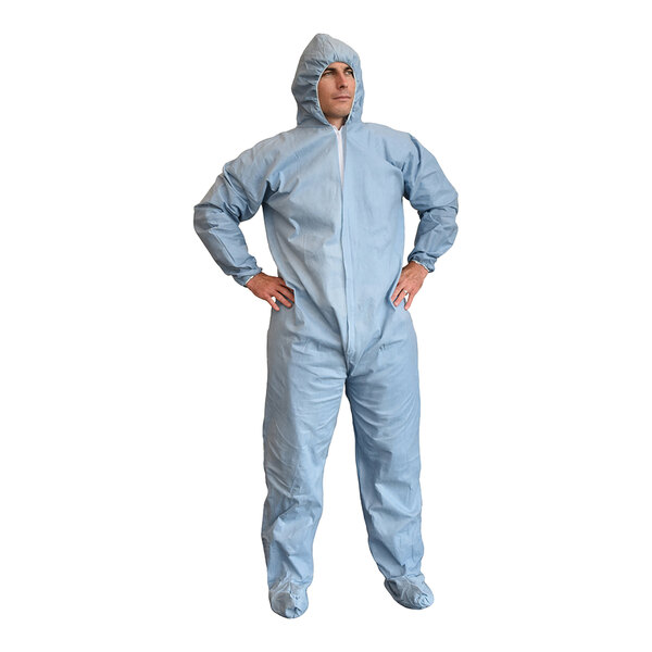 A man in a Cordova blue flame-resistant protective suit.