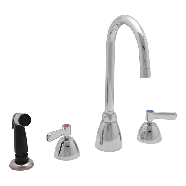 A Zurn Elkay deck-mount faucet with gooseneck spout and two lever handles with a sprayer.