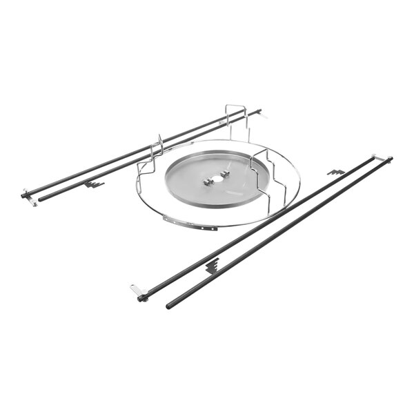 A round metal plate with two adjustable metal rods and a circular metal handle.