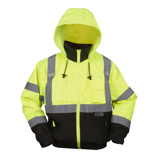 A Cordova Hi-Vis lime yellow and black Type R Class 3 industrial work jacket with reflective stripes and a hood.