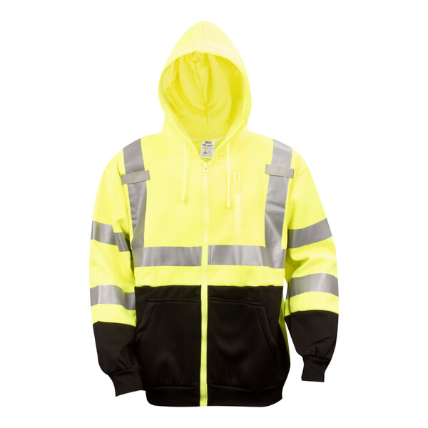 A yellow and black Cordova Cor-Brite lime hi-vis hooded sweatshirt with heat-applied reflective tape.