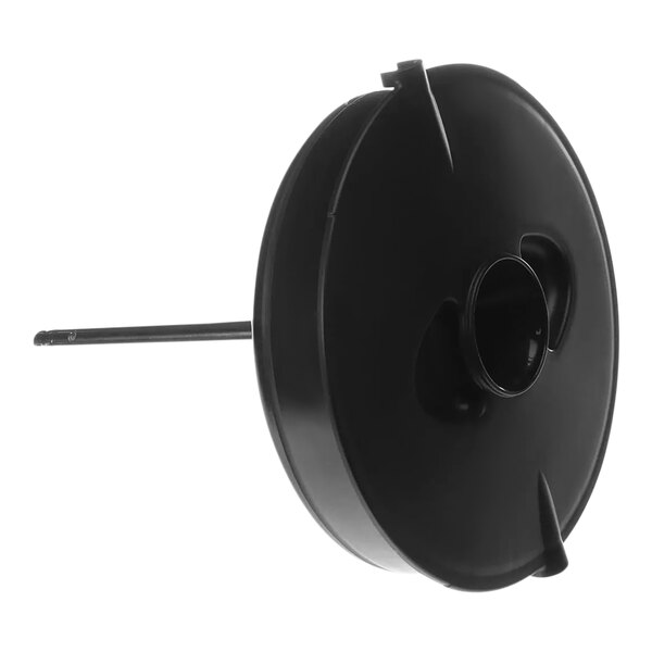 A black round plastic lid with a screw.