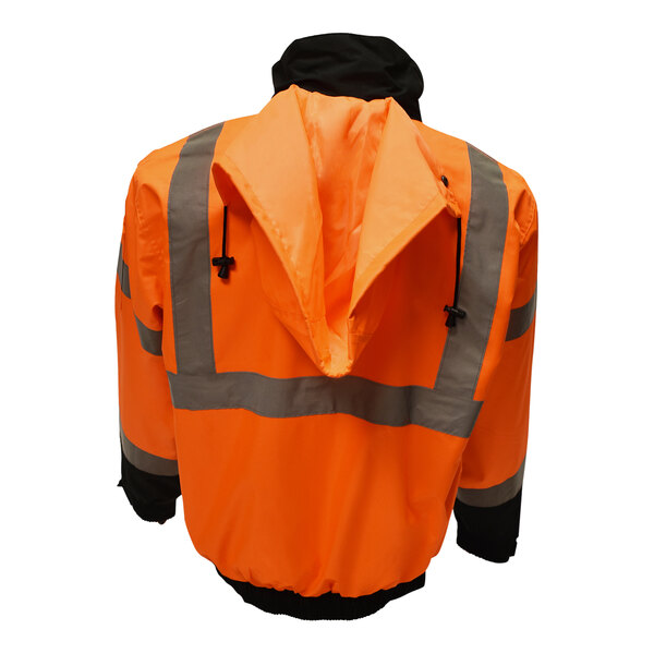 An extra large Cordova orange hi-vis safety jacket with reflective stripes and a detachable hood.