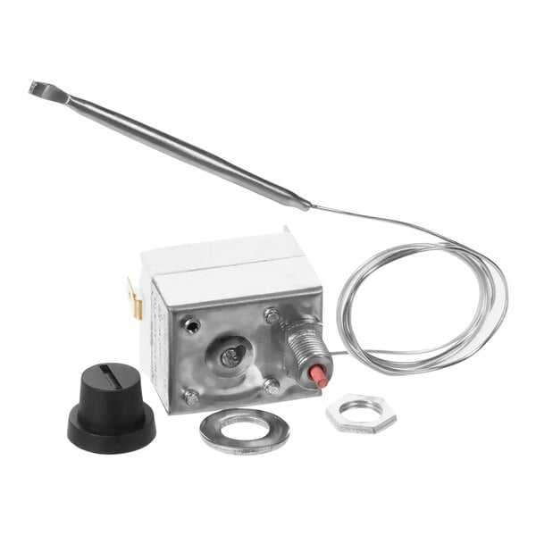A Globe Hi Limit Thermostat with a wire and metal knob.