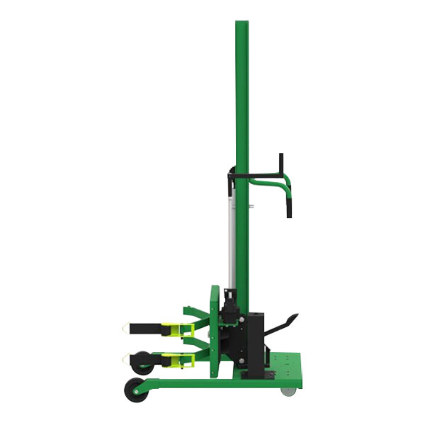 A green and black Valley Craft manual steel straddle drum lift and rotator with wheels.