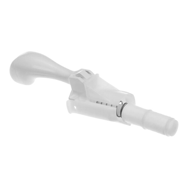 A white plastic Grindmaster faucet handle with a metal ring.