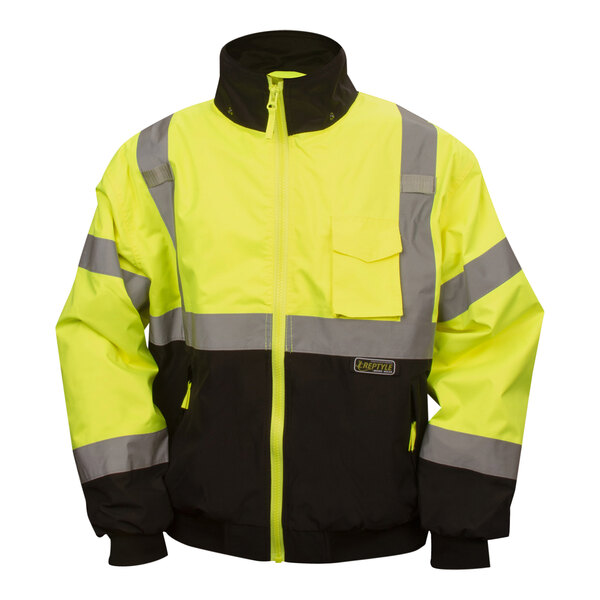 A Cordova Reptyle hi-vis yellow and black 2-in-1 bomber jacket with reflective stripes.