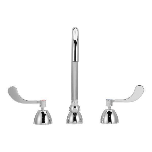 A white Zurn deck-mount faucet with 4" wrist handles and a gooseneck spout.