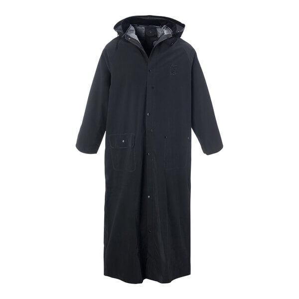 A Cordova Renegade black PVC and polyester riding coat with a hood and buttons.