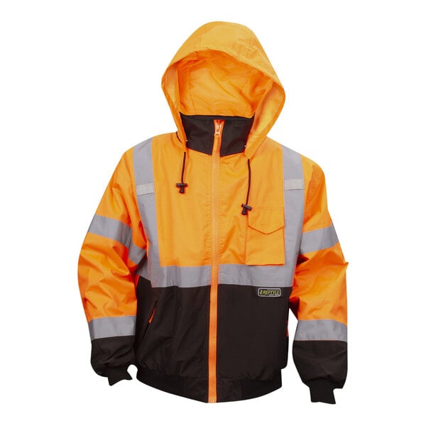 A Cordova orange and black hi-vis bomber jacket with reflective stripes and a hood.