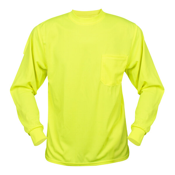 A yellow long sleeve Cordova safety shirt with a pocket.