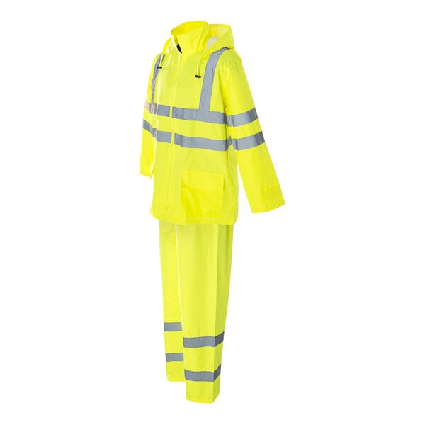 A Cordova yellow rainsuit with reflective stripes on the jacket and pants.