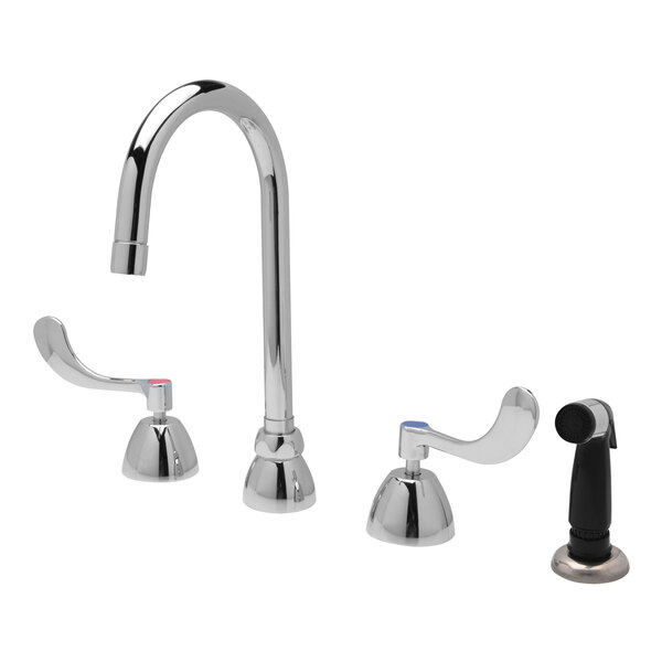 A Zurn deck-mount faucet with gooseneck spout, wrist handles, and spray hose.