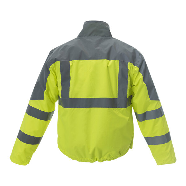 A Cordova yellow and grey windbreaker with reflective tape.