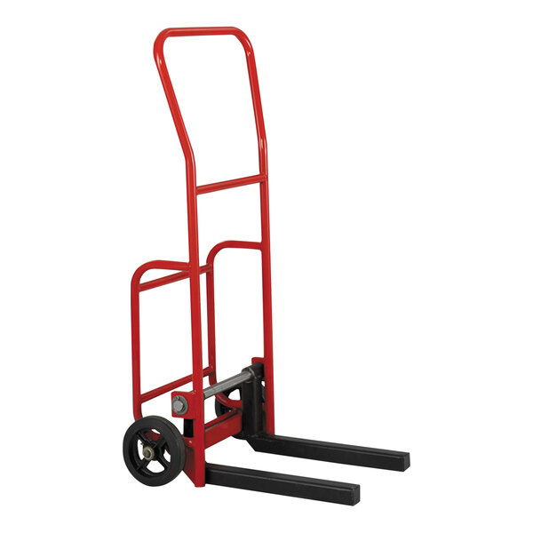 A red and black Valley Craft hand truck with never-flat wheels and transmission forks.