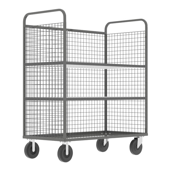 A gray Valley Craft wire mesh stock picking cage cart with 2 shelves and wheels.