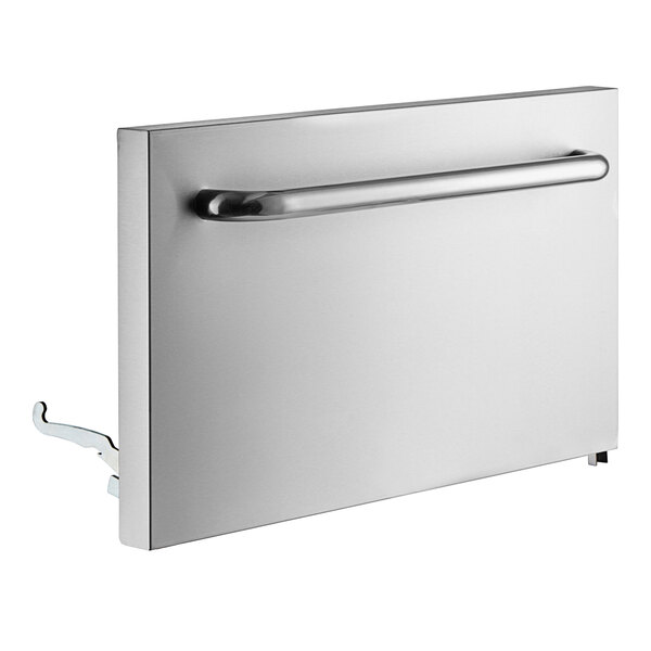 A stainless steel rectangular door with a handle.