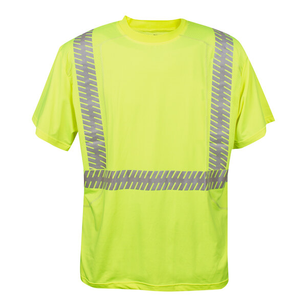 A Cordova hi-vis lime safety shirt with reflective stripes.