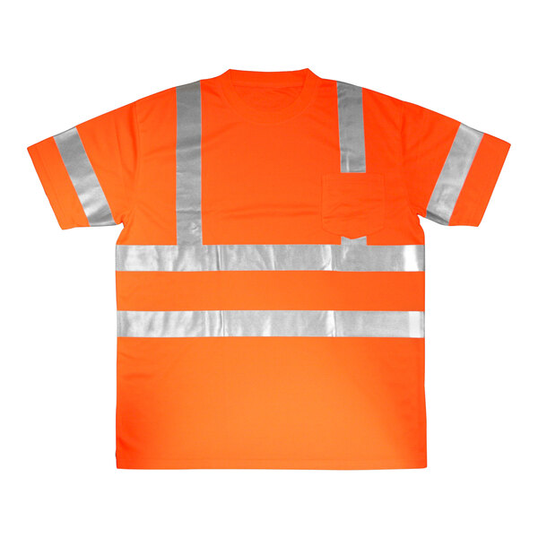 A Cordova orange safety shirt with silver reflective stripes.