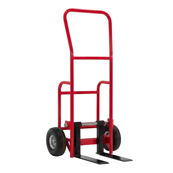 A red hand truck with black wheels.