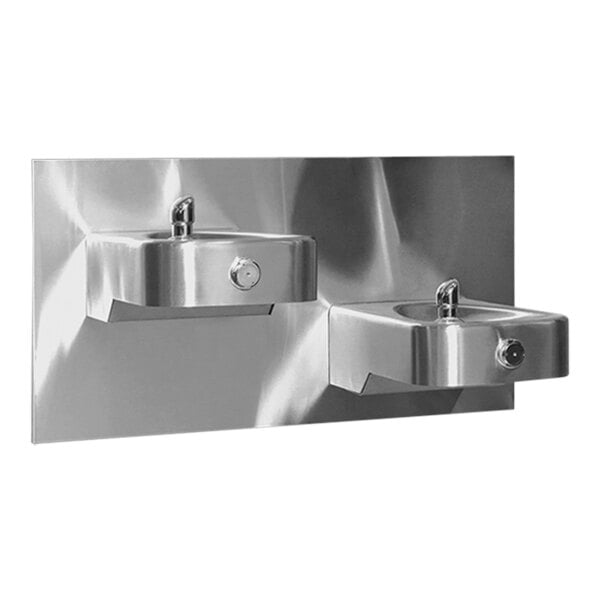 Two Haws stainless steel wall-mount drinking fountains.