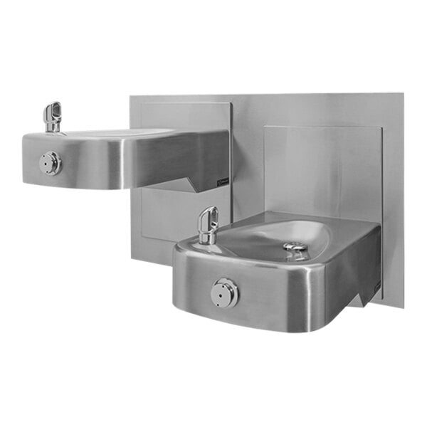 A close-up of a stainless steel Haws dual adjustable height drinking fountain with low-profile bowl.