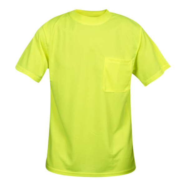 A Cordova Hi-Vis lime yellow mesh short sleeve safety shirt with a pocket.