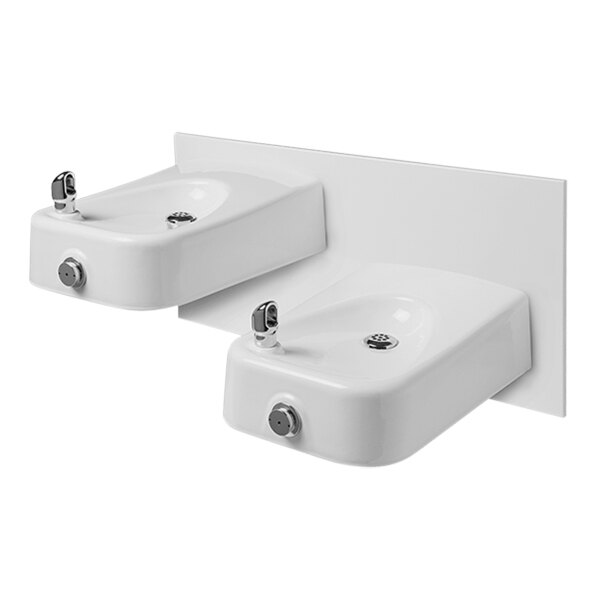 A white Haws wall-mounted drinking fountain with silver handles.