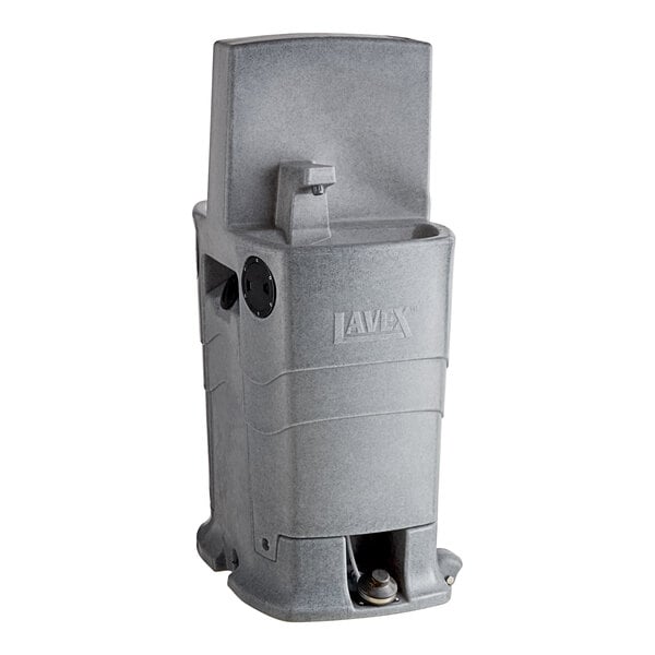 A grey metal water pump with a hose attached.