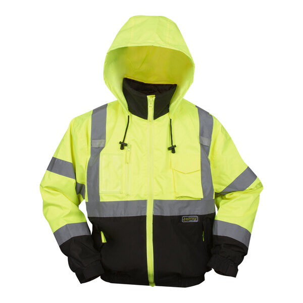A Cordova hi-vis lime yellow and black safety jacket with reflective stripes and a hood.