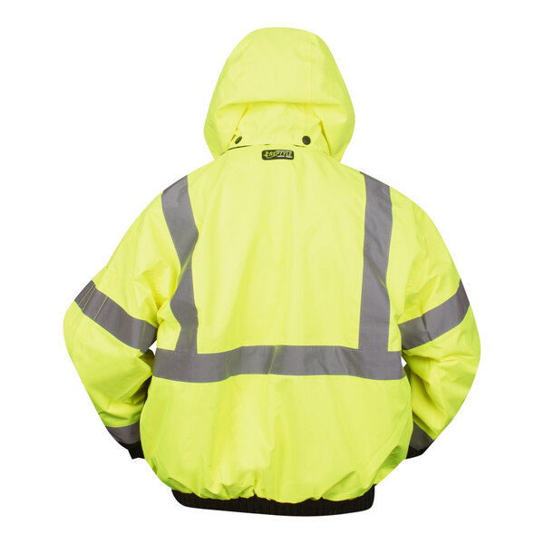 A person wearing a Cordova Hi-Vis yellow jacket with reflective tape.