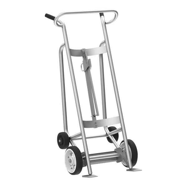 A silver hand truck with black wheels.