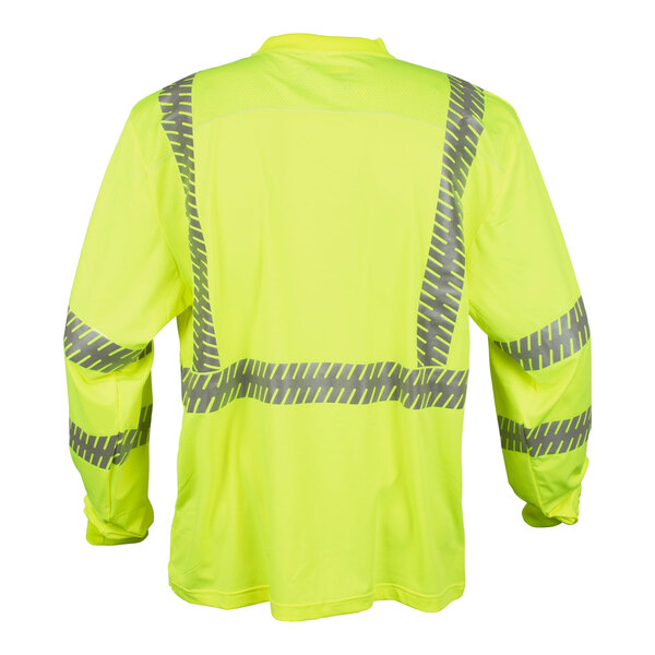 A Cordova hi-vis lime long sleeve safety shirt with reflective stripes.