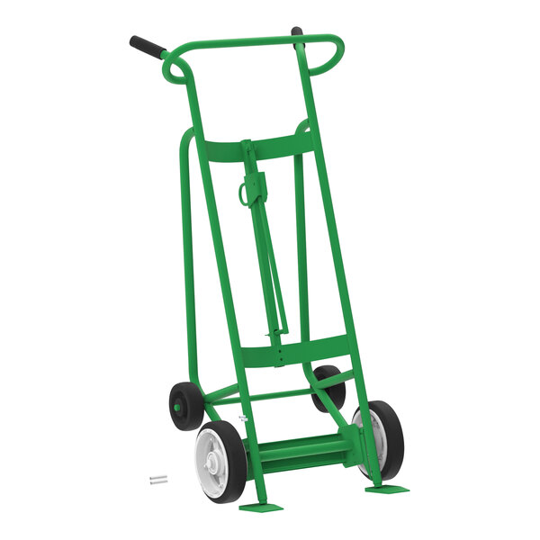 A green Valley Craft 4-wheel steel drum hand truck with black wheels.