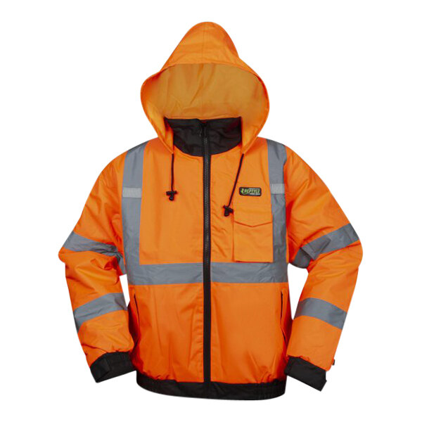 A Cordova orange hi-vis jacket with grey reflective stripes.