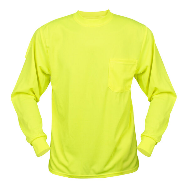 A Cordova Hi-Vis lime long sleeve shirt with a pocket.