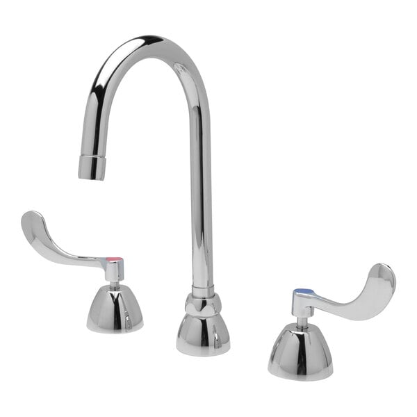 A Zurn deck-mount faucet with chrome wrist handles and a gooseneck spout.