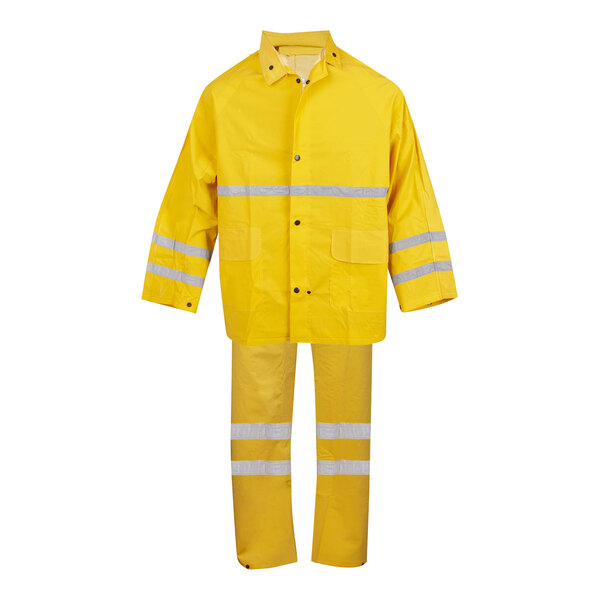 A small yellow Cordova rainsuit with reflective stripes including a coat and pants.