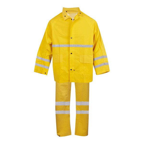 A yellow Cordova rainsuit with reflective stripes including a coat and pants.