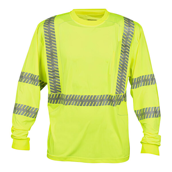 A yellow long sleeved Cordova safety shirt with reflective stripes.