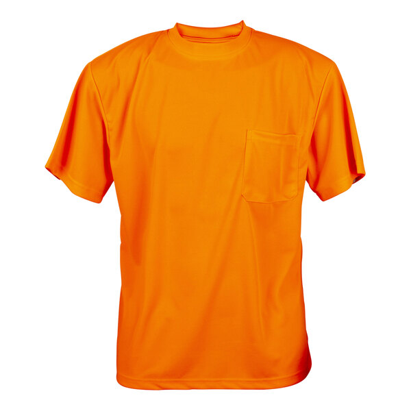 A Cordova Hi-Vis orange mesh short sleeve safety shirt with a pocket.