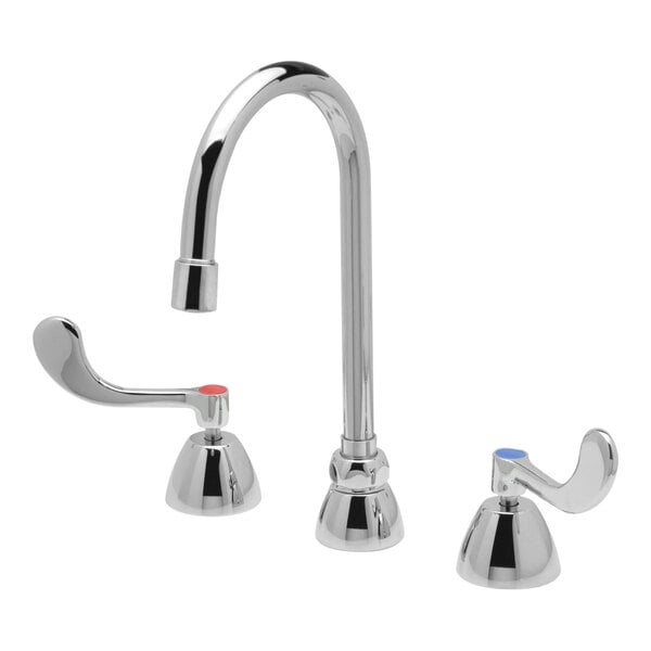 A Zurn deck-mount faucet with chrome and red wrist handles.