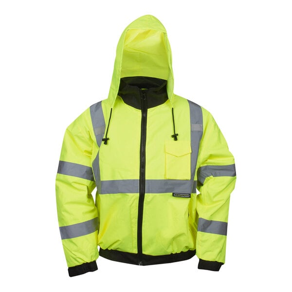 A Cordova Hi-Vis yellow jacket with grey reflective stripes.