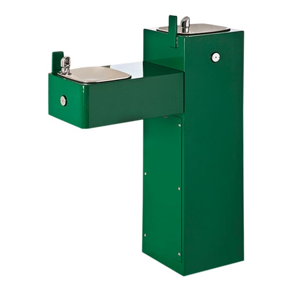 A green Haws outdoor pedestal drinking fountain with two water dispensers.