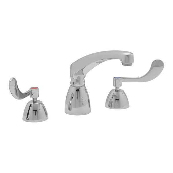 A Zurn deck-mount faucet with chrome handles and a swing spout.