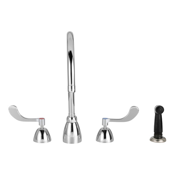 A Zurn deck-mount faucet with gooseneck spout and wrist handles.