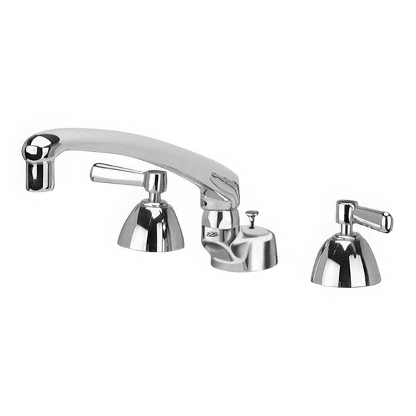 A Zurn deck-mount faucet with 8" centers, swing spout, and lever handles.