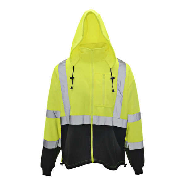 A yellow and black Cordova hooded sweatshirt with reflective stripes.