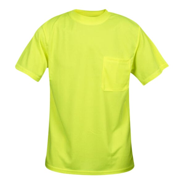 A Cordova Hi-Vis lime yellow short sleeve safety shirt with a pocket.