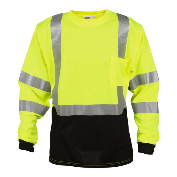 A yellow and black long sleeved safety shirt with reflective stripes.